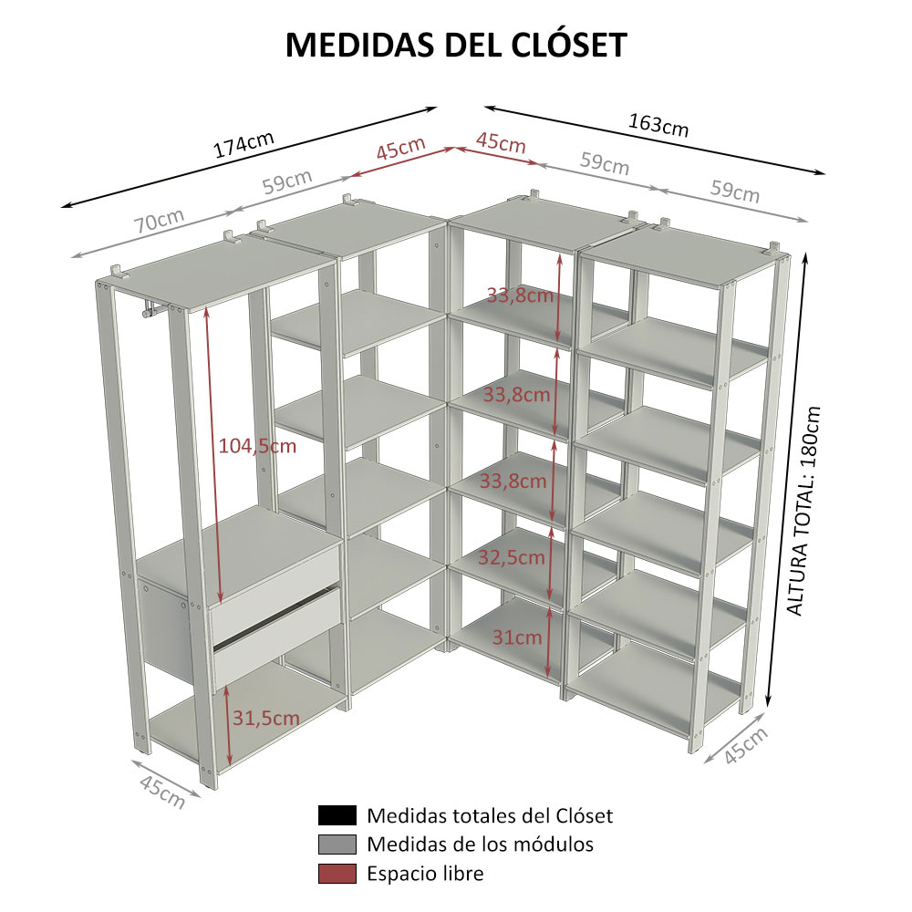 Ropero Closet Modular Valencia 2 Cajones 337cm Rústico/Negro Madesa 05