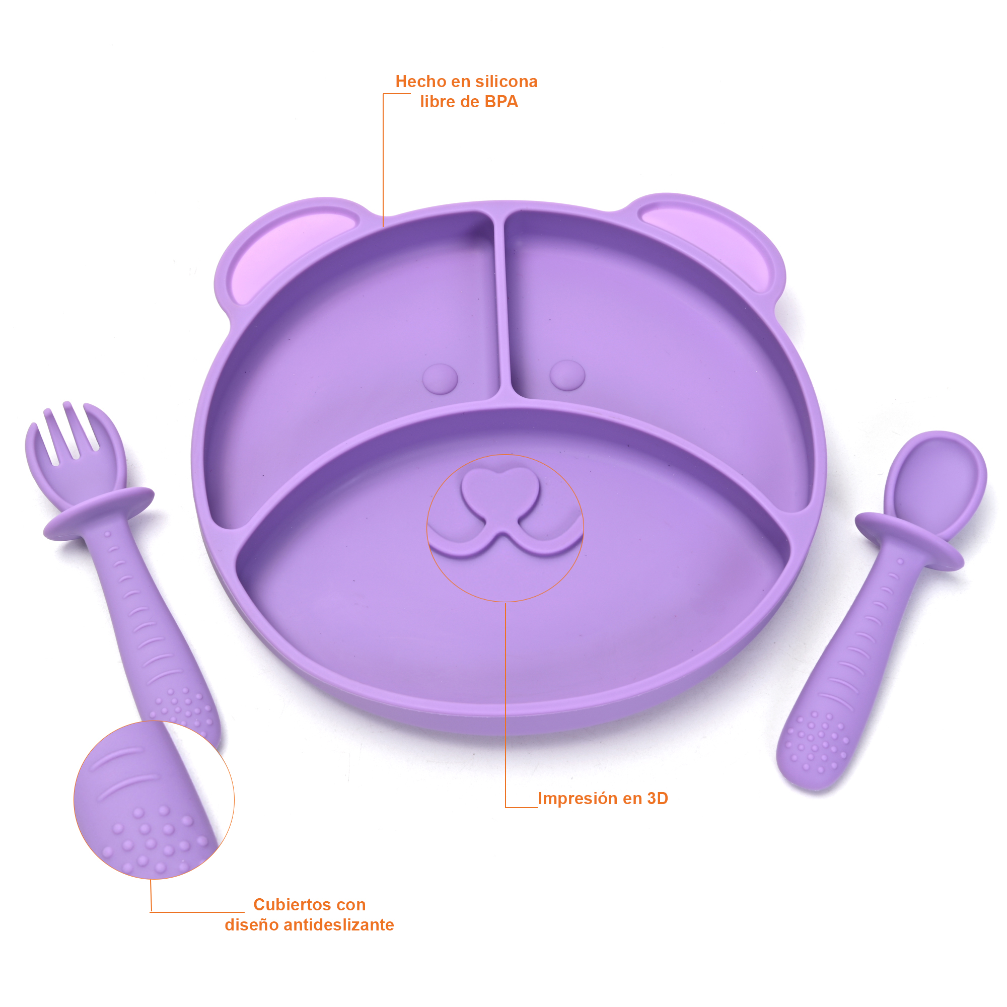 Set de 3 Baberos para Bebé y Plato con Cubiertos en Silicona.