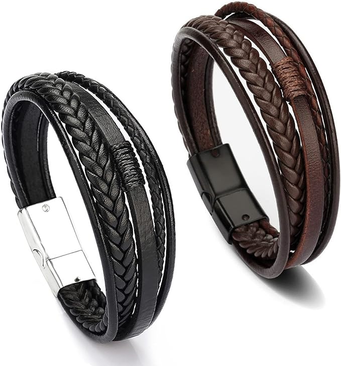2 Piezas Pulsera Hombre, Pulseras Hombre Cuero, Pulseras para Hombre de Cierre Magnético con Cuero Doble, Pulsera Pareja, Regalos para Cumpleaños, Regalos Dia del Padre para Papá y Hombre.
