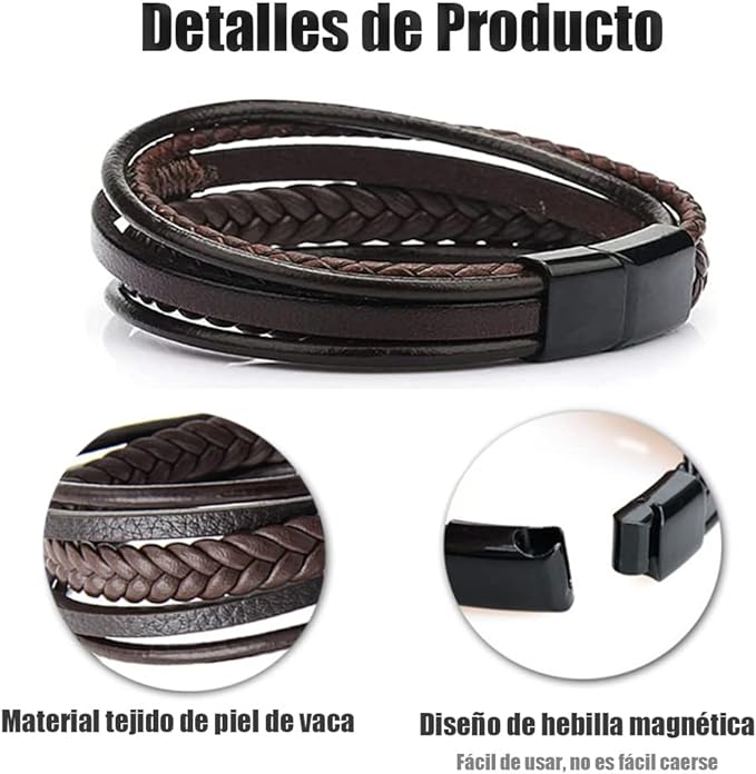 2 Piezas Pulsera Hombre, Pulseras Hombre Cuero, Pulseras para Hombre de Cierre Magnético con Cuero Doble, Pulsera Pareja, Regalos para Cumpleaños, Regalos Dia del Padre para Papá y Hombre.