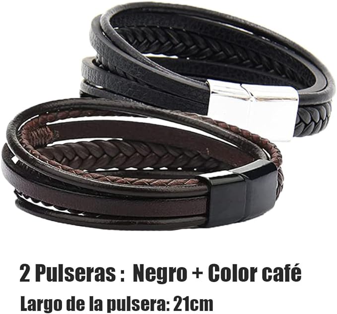 2 Piezas Pulsera Hombre, Pulseras Hombre Cuero, Pulseras para Hombre de Cierre Magnético con Cuero Doble, Pulsera Pareja, Regalos para Cumpleaños, Regalos Dia del Padre para Papá y Hombre.