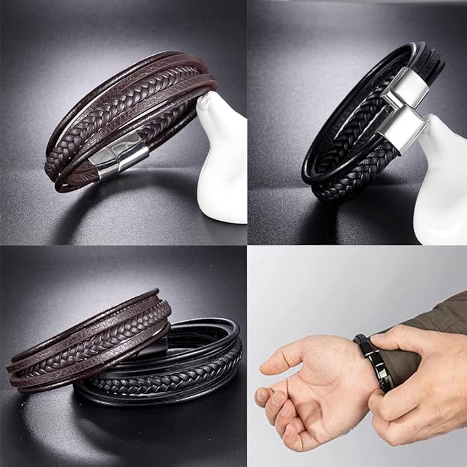 2 Piezas Pulsera Hombre, Pulseras Hombre Cuero, Pulseras para Hombre de Cierre Magnético con Cuero Doble, Pulsera Pareja, Regalos para Cumpleaños, Regalos Dia del Padre para Papá y Hombre.