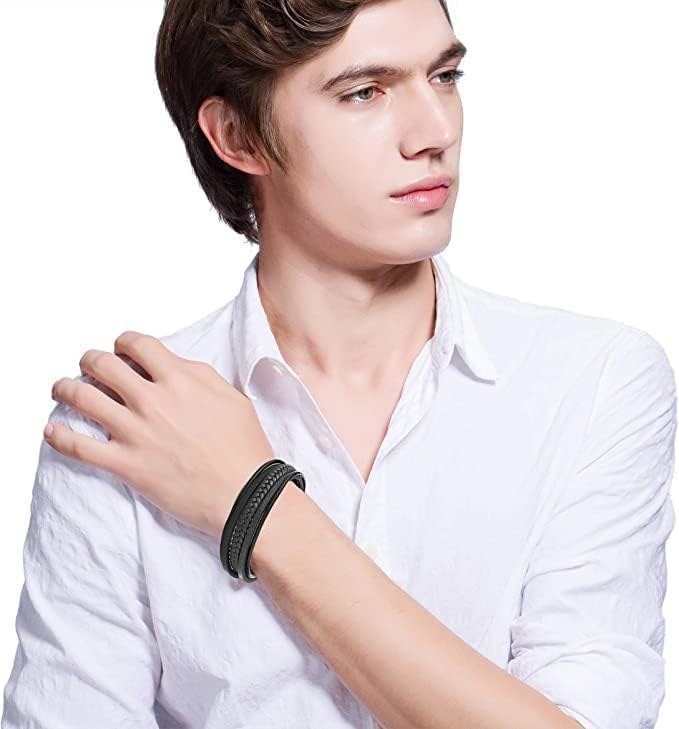 2 Piezas Pulsera Hombre, Pulseras Hombre Cuero, Pulseras para Hombre de Cierre Magnético con Cuero Doble, Pulsera Pareja, Regalos para Cumpleaños, Regalos Dia del Padre para Papá y Hombre.