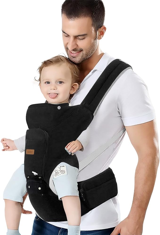 A SHIMY Canguro para Bebé, Cangurera Portabebé Tipo Fular para Niños de 0 a 36 Meses, Mochila Ergonómica con Soporte para Cintura, Múltiples Compartimentos con Cierre, Ajustable a Varias Posiciones.