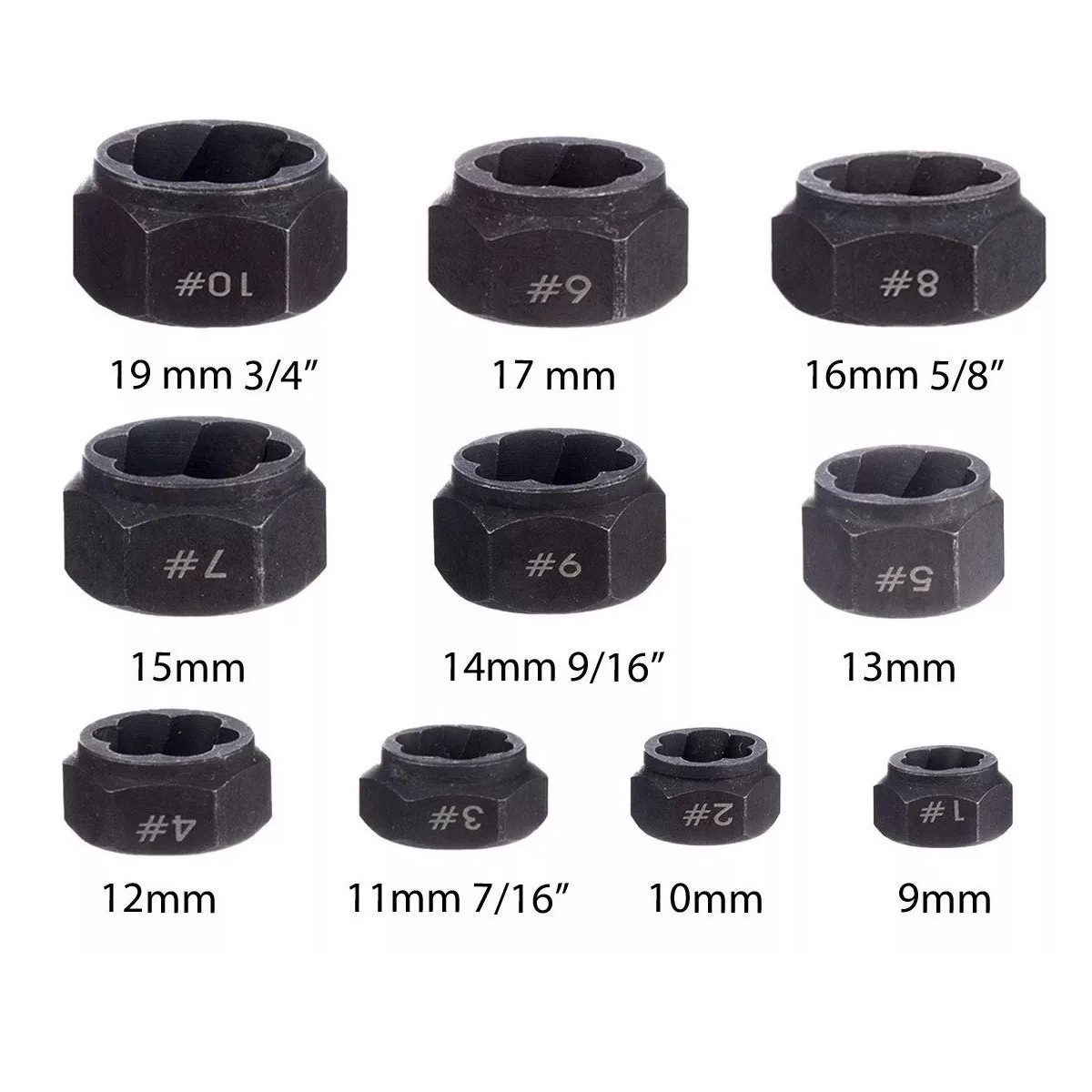 Extractores De Birlos Tornillos Tuercas 9-19mm Estuche 10pie Negro