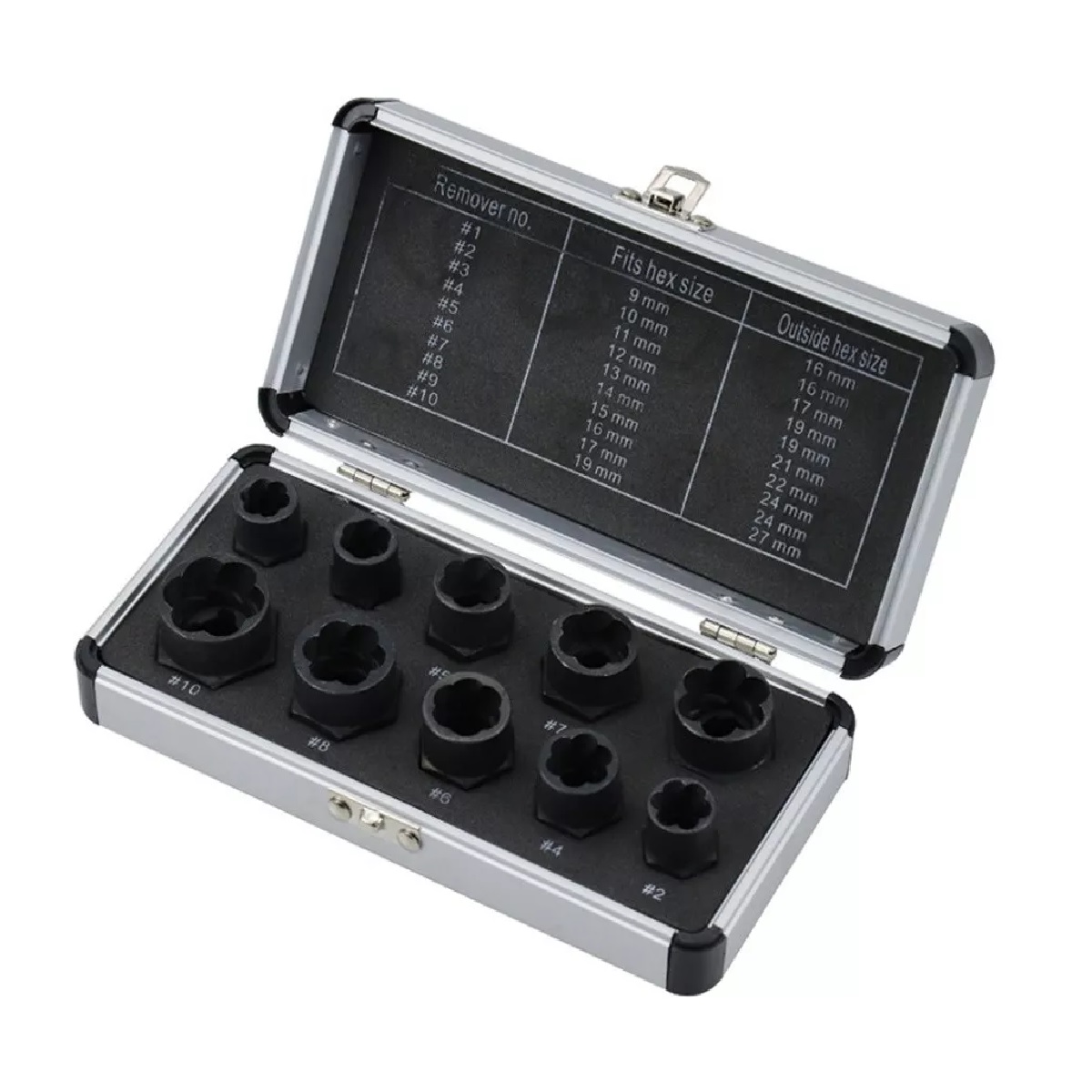 Extractores De Birlos Tornillos Tuercas 9-19mm Estuche 10pie Negro