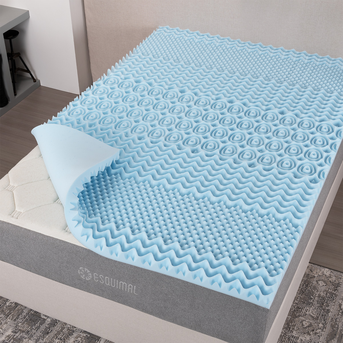 Colchoneta Matrimonial de Memory Foam Cubre Colchón Topper con 7 Zonas de Confort Sobrecolchón Azul ESQUIMAL.