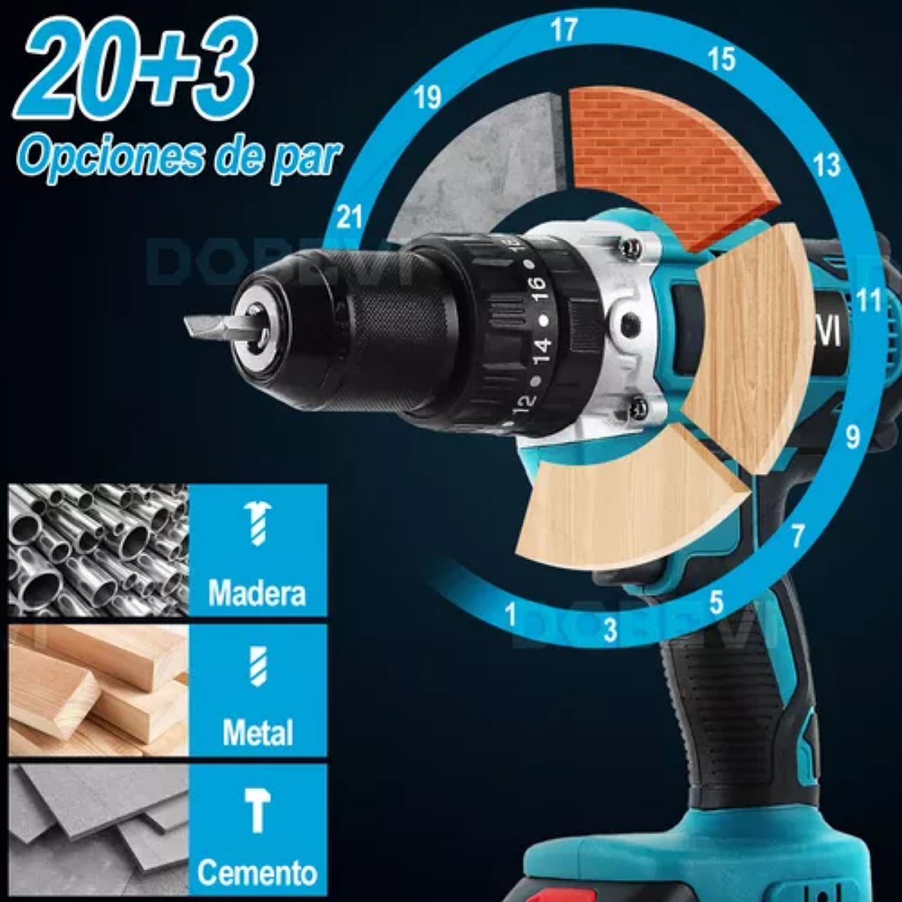 Kit De Atornillador De Impacto Y Rotomartillo Sin Carbones DOBEVI D-489 2 pilas