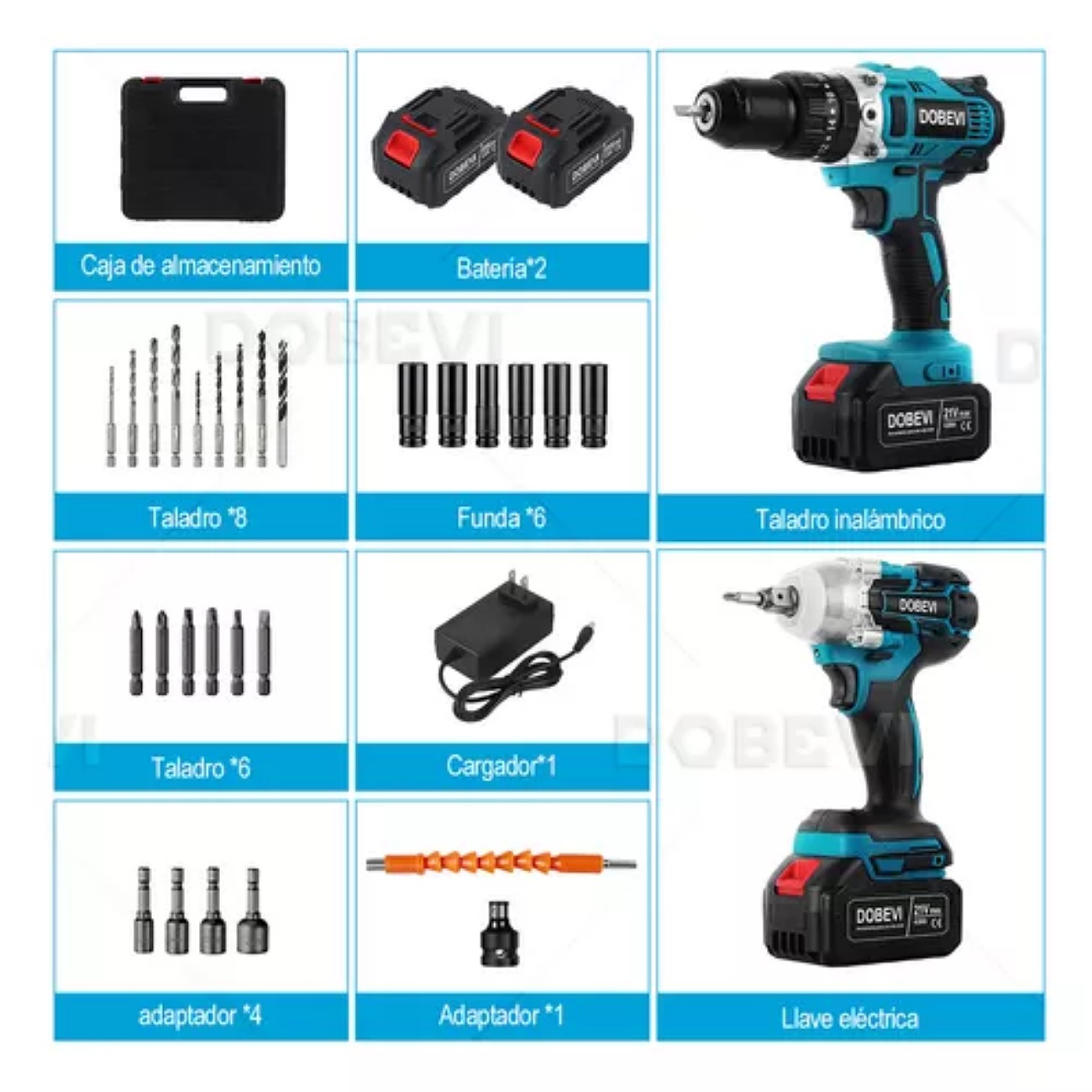Kit De Atornillador De Impacto Y Rotomartillo Sin Carbones DOBEVI D-489 2 pilas