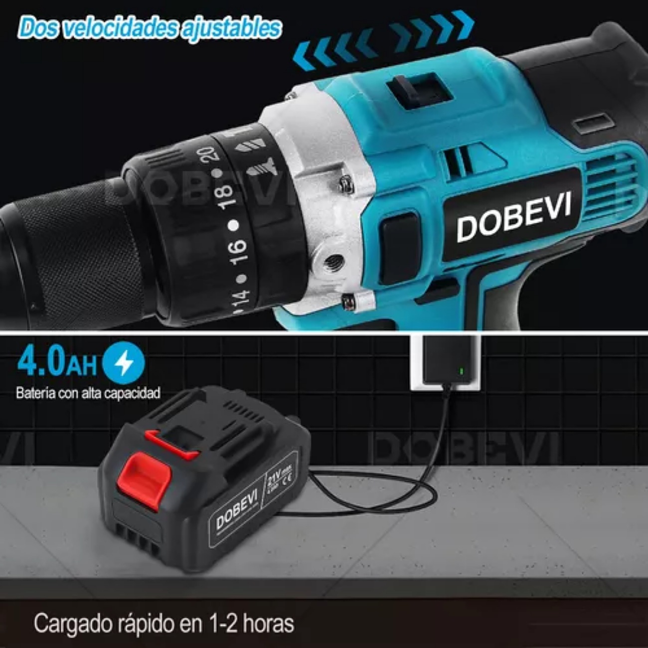 Kit De Atornillador De Impacto Y Rotomartillo Sin Carbones DOBEVI D-489 2 pilas