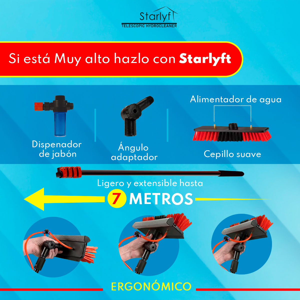 Cepillo Limpiador Telescopico STARLYFT TELESCOPIC HIDROCLEANER 7 M Beautifull Home con propulsión de agua  y Jabón, Extensible hasta 7 Metros y Ligero  