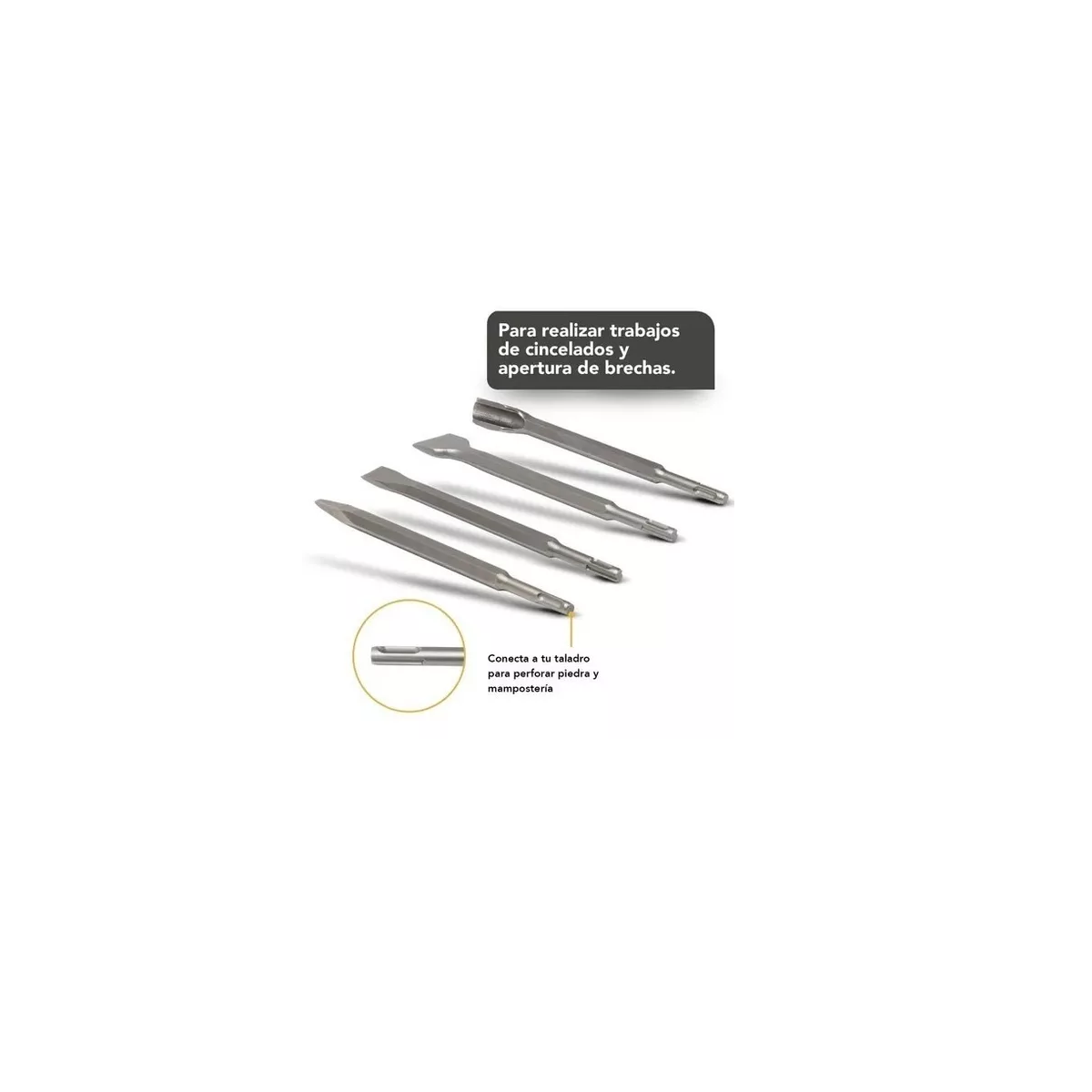 Kit Cincel Taladro Rotomartillo Concreto Gurbia 25 cm 4pz Plata 