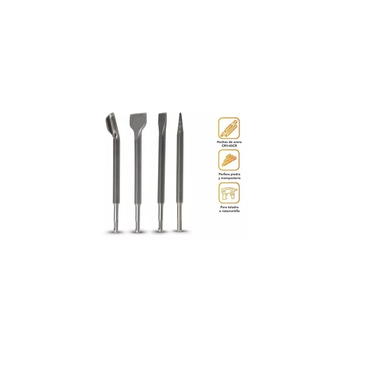 Kit Cincel Taladro Rotomartillo Concreto Gurbia 25 cm 4pz Plata 
