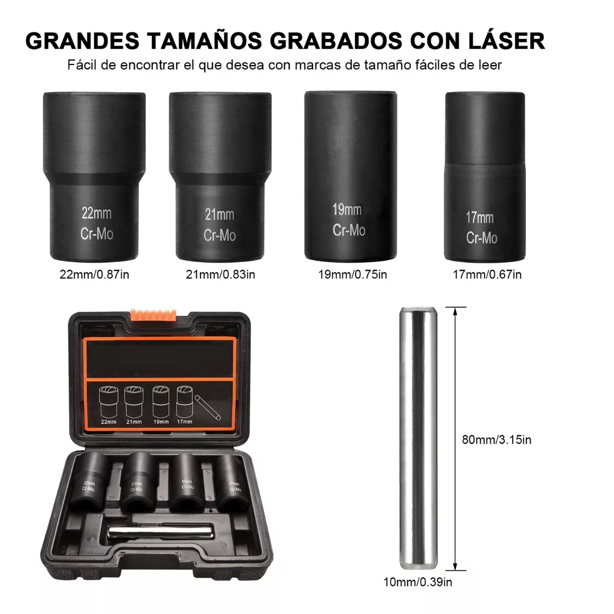Juego De Extractores 1/2'' Para Quitar Tuercas Barridas Negro Detalle Naranja