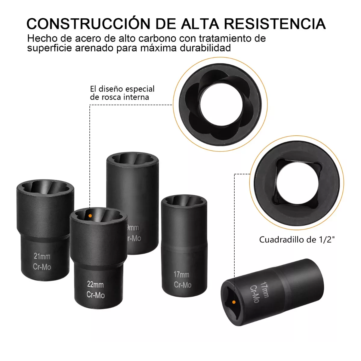 Juego De Extractores 1/2'' Para Quitar Tuercas Barridas Negro Detalle Naranja