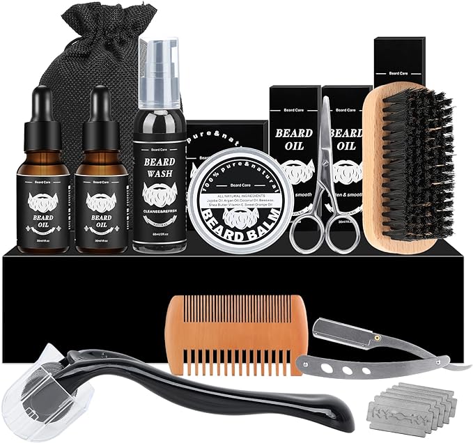 Kit Barba Cuidado, Kit de Cuidado de Barba 12 en 1 para Hombres, Juego de Regalo para Crecer y Afeitar Barba, Regalos para Hombres para Papá, Novio, Esposo.