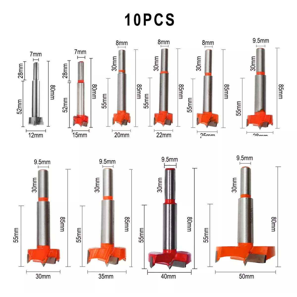 Broca Para Bisagra Forstner 12-35 Mm Madera Con Tope 10 Pcs PLATA /NARANAJA