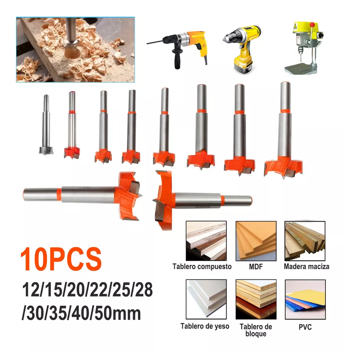Broca Para Bisagra Forstner 12-35 Mm Madera Con Tope 10 Pcs PLATA /NARANAJA