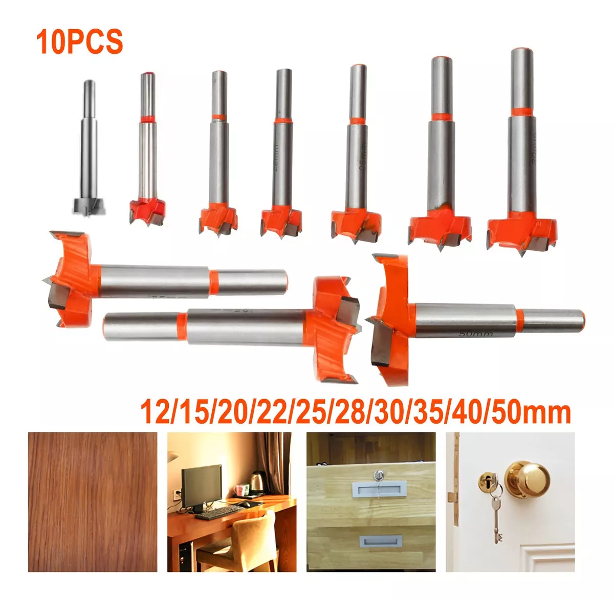 Broca Para Bisagra Forstner 12-35 Mm Madera Con Tope 10 Pcs PLATA /NARANAJA