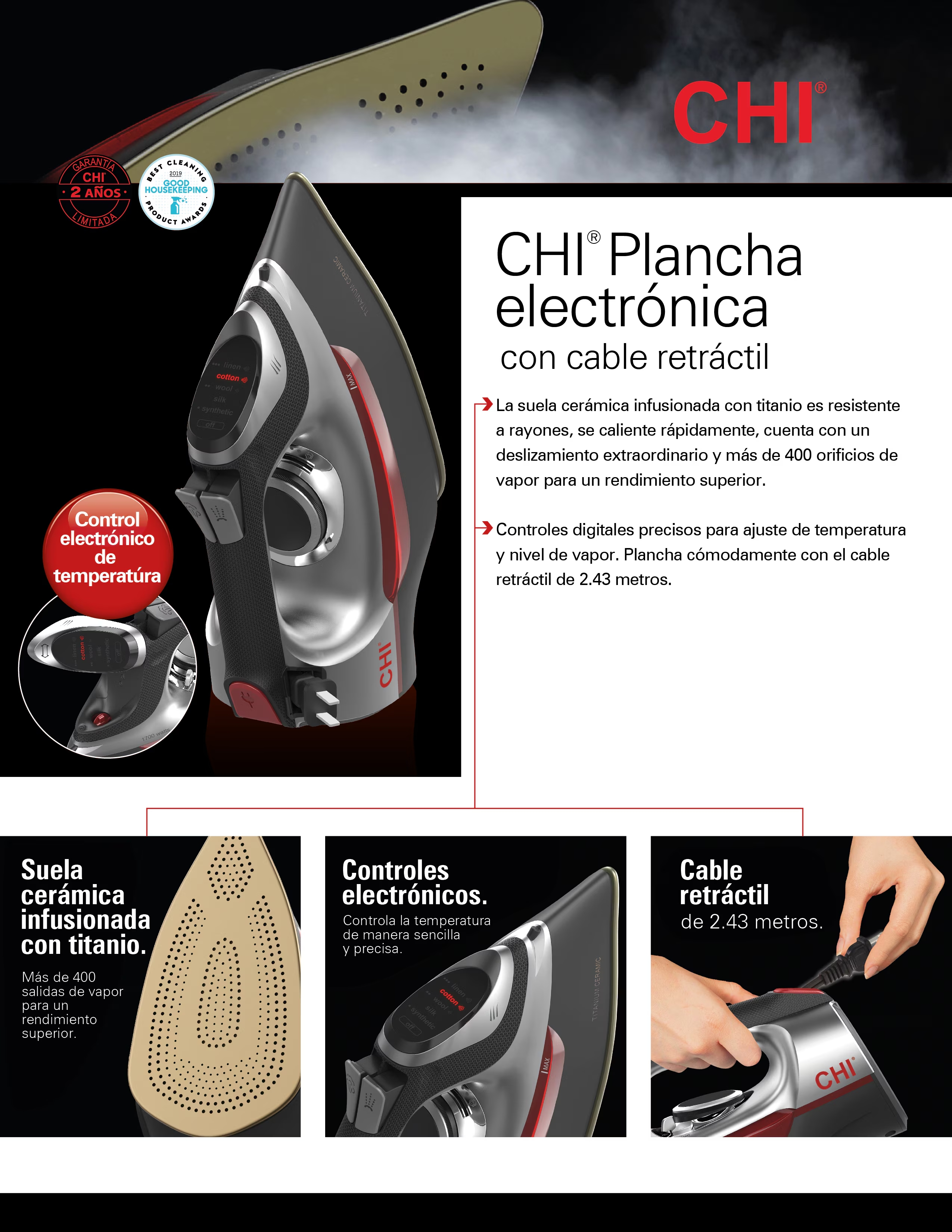 Plancha Antiadherente con Pantalla Táctil y Cable Retráctil CHI.