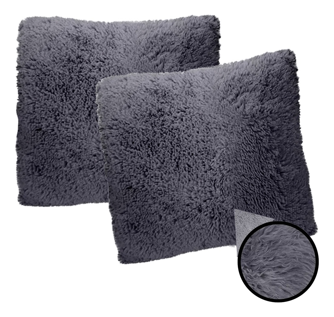 Almohada Cojín Decorativo De Pelo Largo Suave Set 2 Piezas Color Gris
