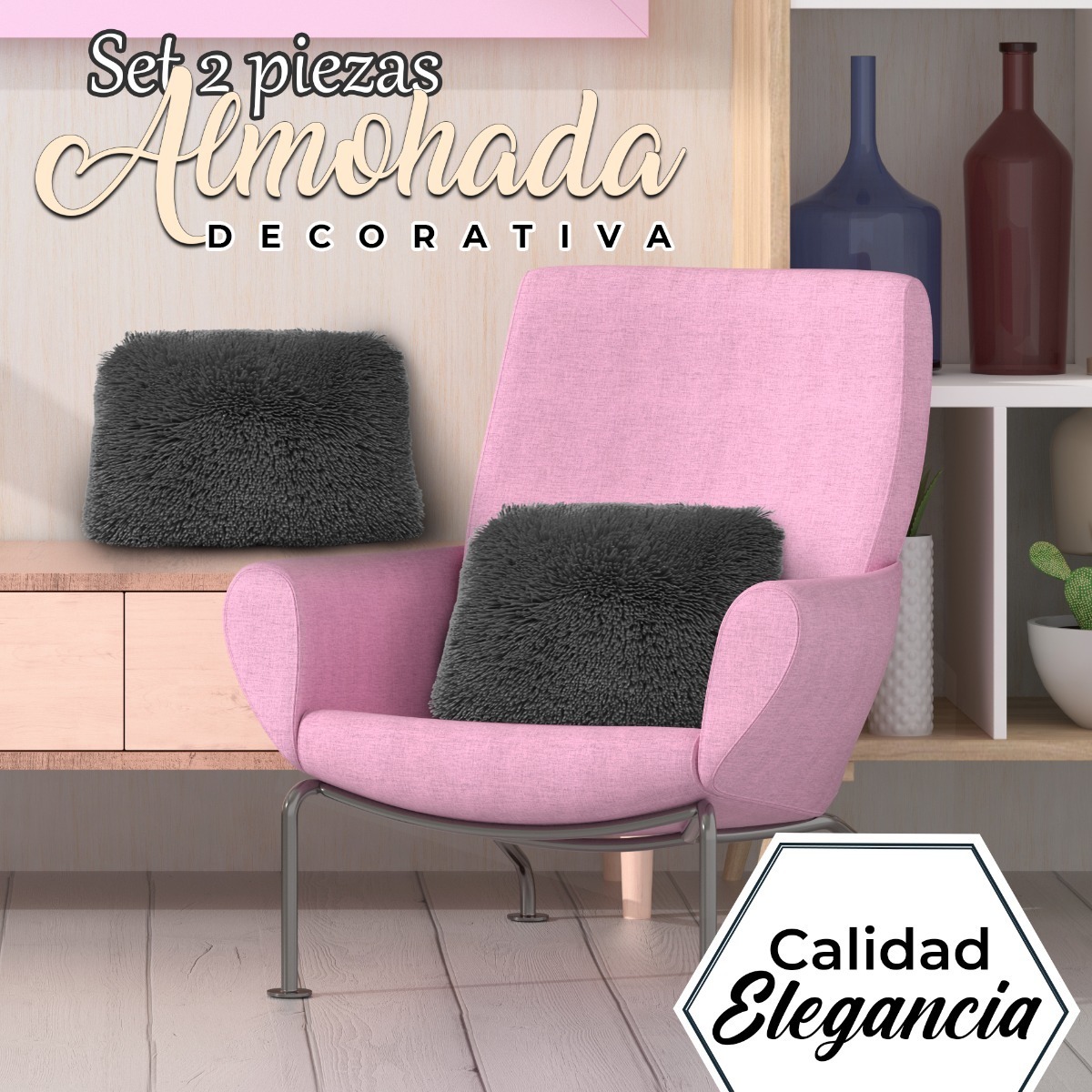 Almohada Cojín Decorativo De Pelo Largo Suave Set 2 Piezas Color Gris