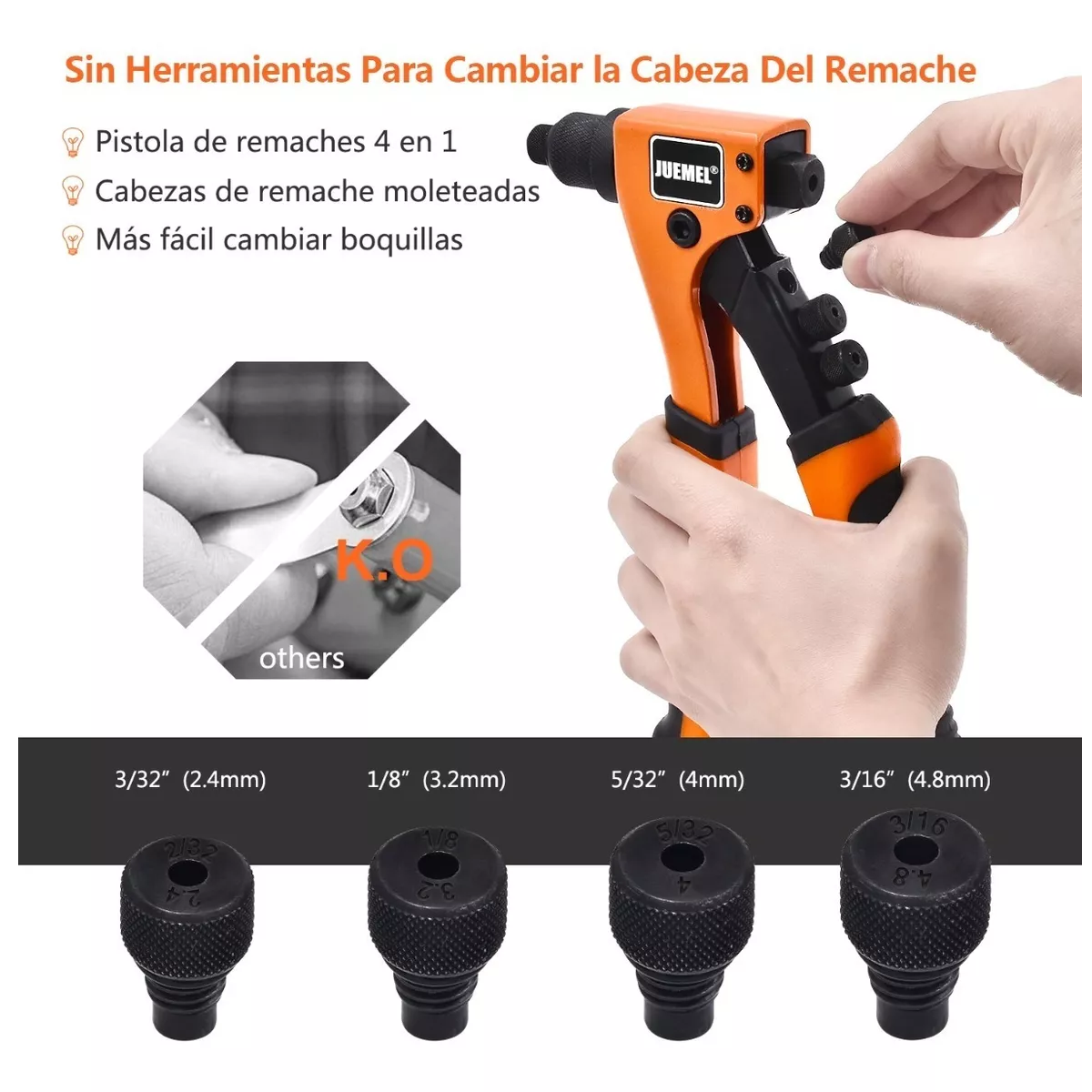 Remachadora Manual Remache Tuercas C/cambio Rapid Boquillas Naranja/Negro