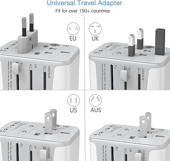 A TESSAN Adaptador Universal de Viaje, Adaptador Europeo Enchufe con 4 Puertos USB (1 Cargador Tipo C), Convertidor de Voltaje Europa, Travel Essentials para Europa, Reino Unidos, Australia, Americano.