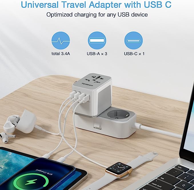 A TESSAN Adaptador Universal de Viaje, Adaptador Europeo Enchufe con 4 Puertos USB (1 Cargador Tipo C), Convertidor de Voltaje Europa, Travel Essentials para Europa, Reino Unidos, Australia, Americano.