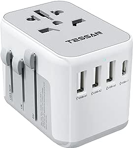 A TESSAN Adaptador Universal de Viaje, Adaptador Europeo Enchufe con 4 Puertos USB (1 Cargador Tipo C), Convertidor de Voltaje Europa, Travel Essentials para Europa, Reino Unidos, Australia, Americano.