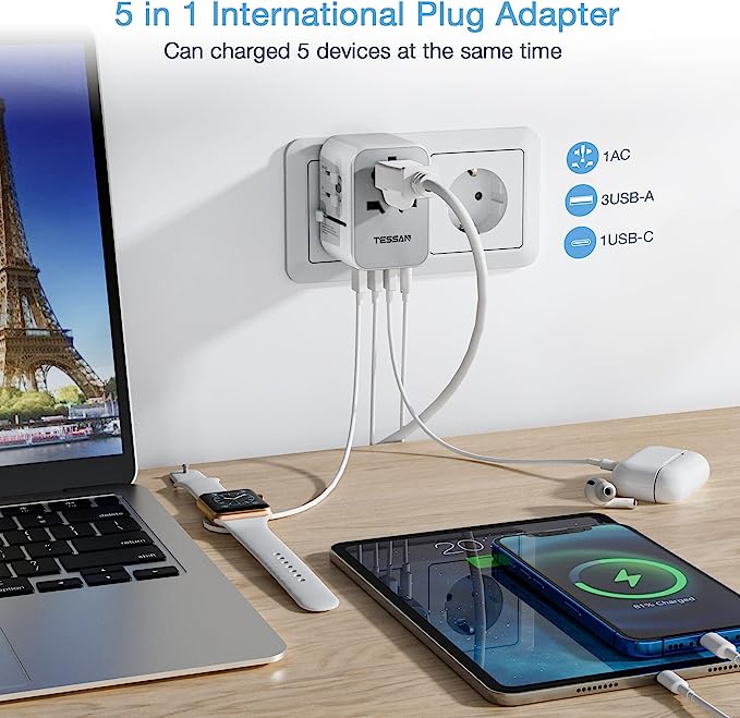 A TESSAN Adaptador Universal de Viaje, Adaptador Europeo Enchufe con 4 Puertos USB (1 Cargador Tipo C), Convertidor de Voltaje Europa, Travel Essentials para Europa, Reino Unidos, Australia, Americano.
