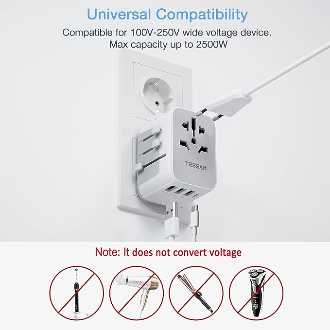 A TESSAN Adaptador Universal de Viaje, Adaptador Europeo Enchufe con 4 Puertos USB (1 Cargador Tipo C), Convertidor de Voltaje Europa, Travel Essentials para Europa, Reino Unidos, Australia, Americano.