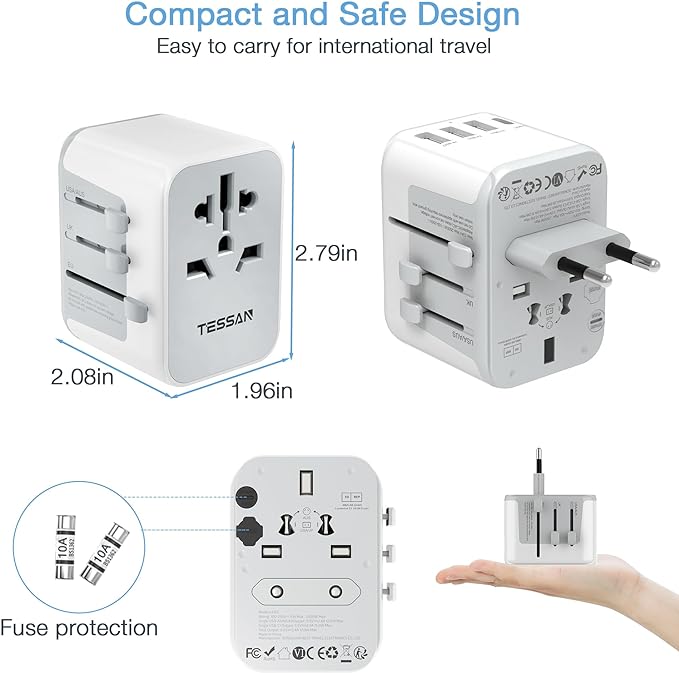 A TESSAN Adaptador Universal de Viaje, Adaptador Europeo Enchufe con 4 Puertos USB (1 Cargador Tipo C), Convertidor de Voltaje Europa, Travel Essentials para Europa, Reino Unidos, Australia, Americano.