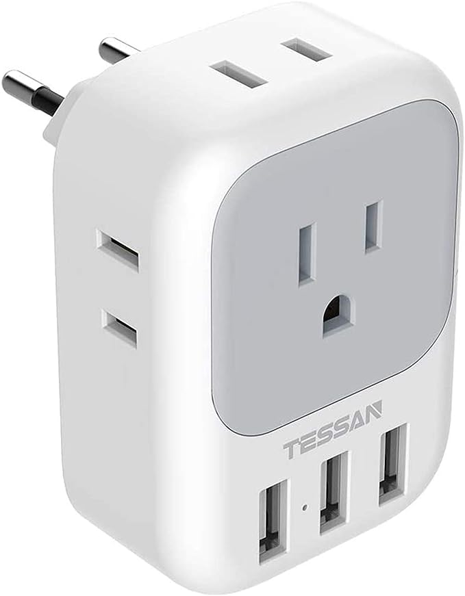 A TESSAN Adaptador Europeo Enchufe, Convertidor de Voltaje Europa con 4 Salidas CA, Cargador Europeo Tipo C con 3 USB, Travel Essentials Adaptador Americano/México a Europeo para Italia, España.