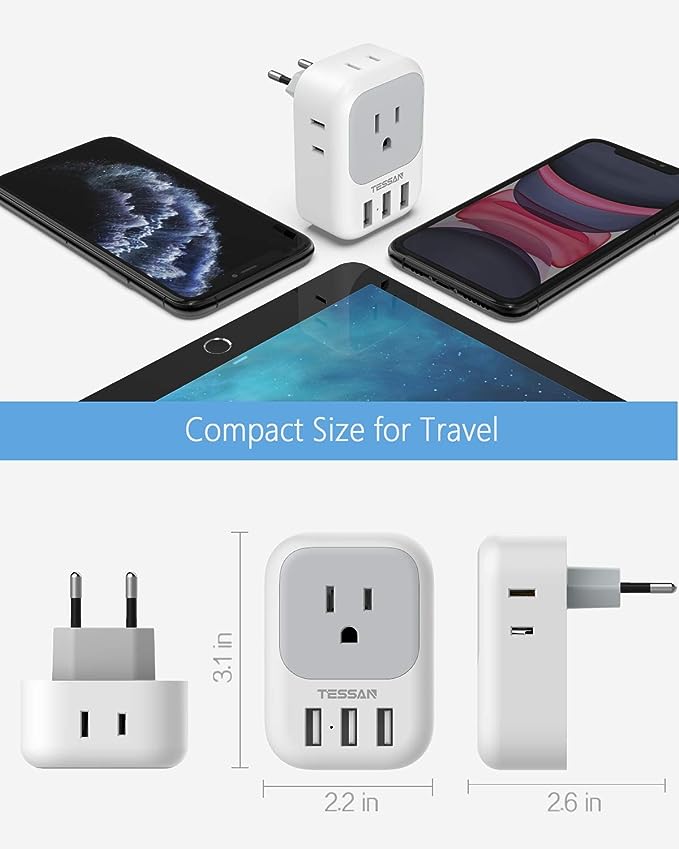 A TESSAN Adaptador Europeo Enchufe, Convertidor de Voltaje Europa con 4 Salidas CA, Cargador Europeo Tipo C con 3 USB, Travel Essentials Adaptador Americano/México a Europeo para Italia, España.
