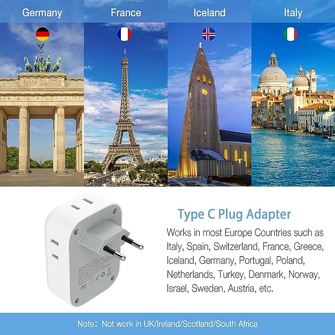 A TESSAN Adaptador Europeo Enchufe, Convertidor de Voltaje Europa con 4 Salidas CA, Cargador Europeo Tipo C con 3 USB, Travel Essentials Adaptador Americano/México a Europeo para Italia, España.