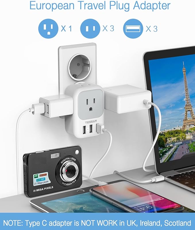 A TESSAN Adaptador Europeo Enchufe, Convertidor de Voltaje Europa con 4 Salidas CA, Cargador Europeo Tipo C con 3 USB, Travel Essentials Adaptador Americano/México a Europeo para Italia, España.