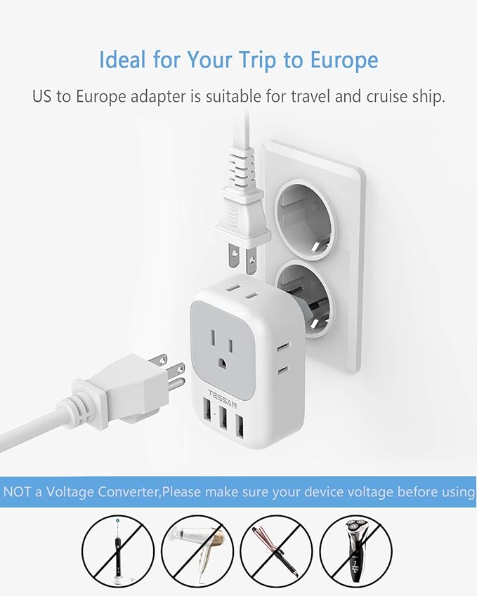 A TESSAN Adaptador Europeo Enchufe, Convertidor de Voltaje Europa con 4 Salidas CA, Cargador Europeo Tipo C con 3 USB, Travel Essentials Adaptador Americano/México a Europeo para Italia, España.