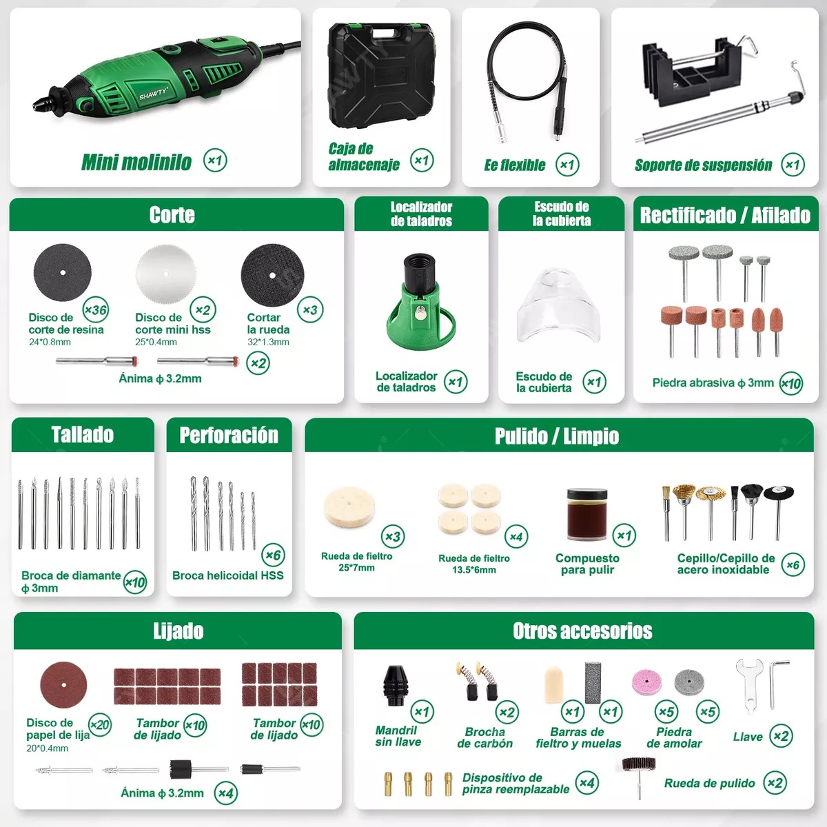 Rectificadora Mototool Accesorios Mini Taladro 240w verde/negro