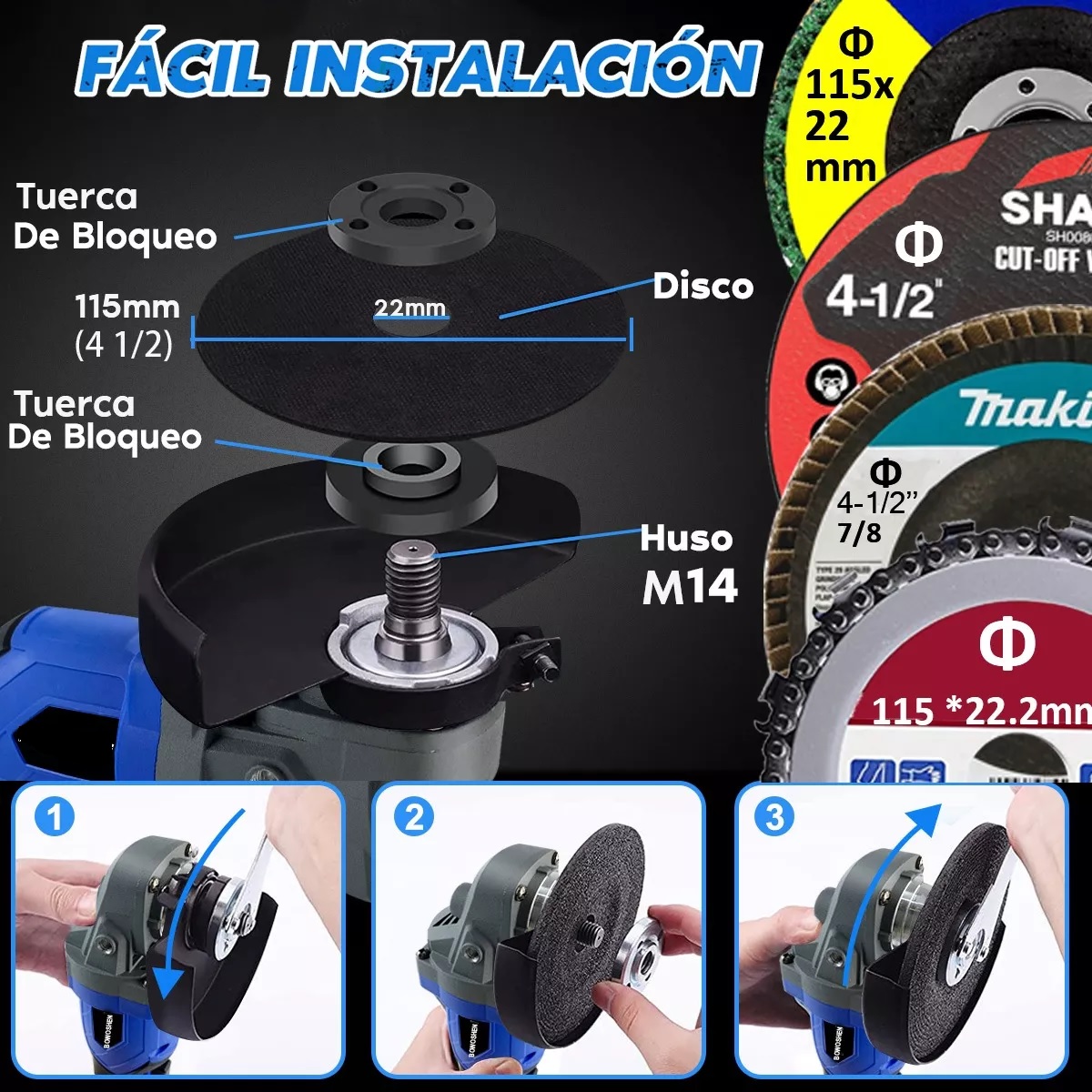 Esmeriladora Angular Inalámbrica Sin Escobillas Y Accesorios Azul .