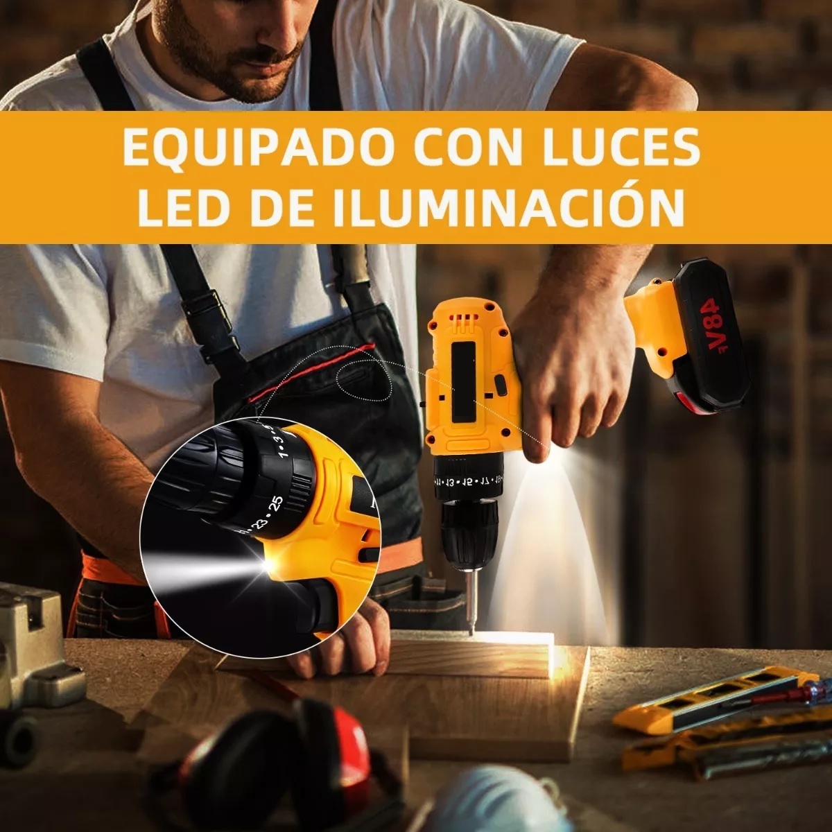 Taladro Inalámbrico Con 2 Batería De Litio 2x48v-amarillo.