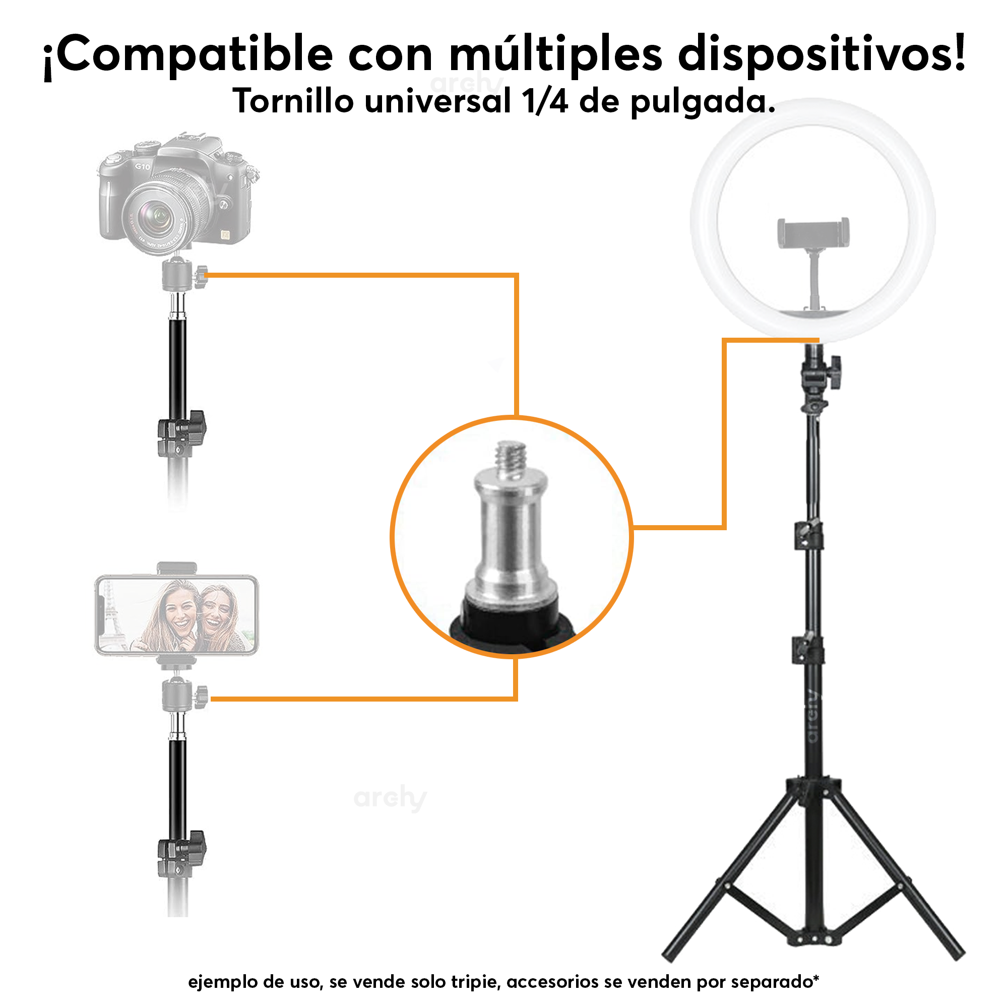 Tripie 2 metros Archy Universal Aluminio Tornillo 1/4" para Multiples Dispositivos Compatible con Camara Celular Aro de luz Go pro .