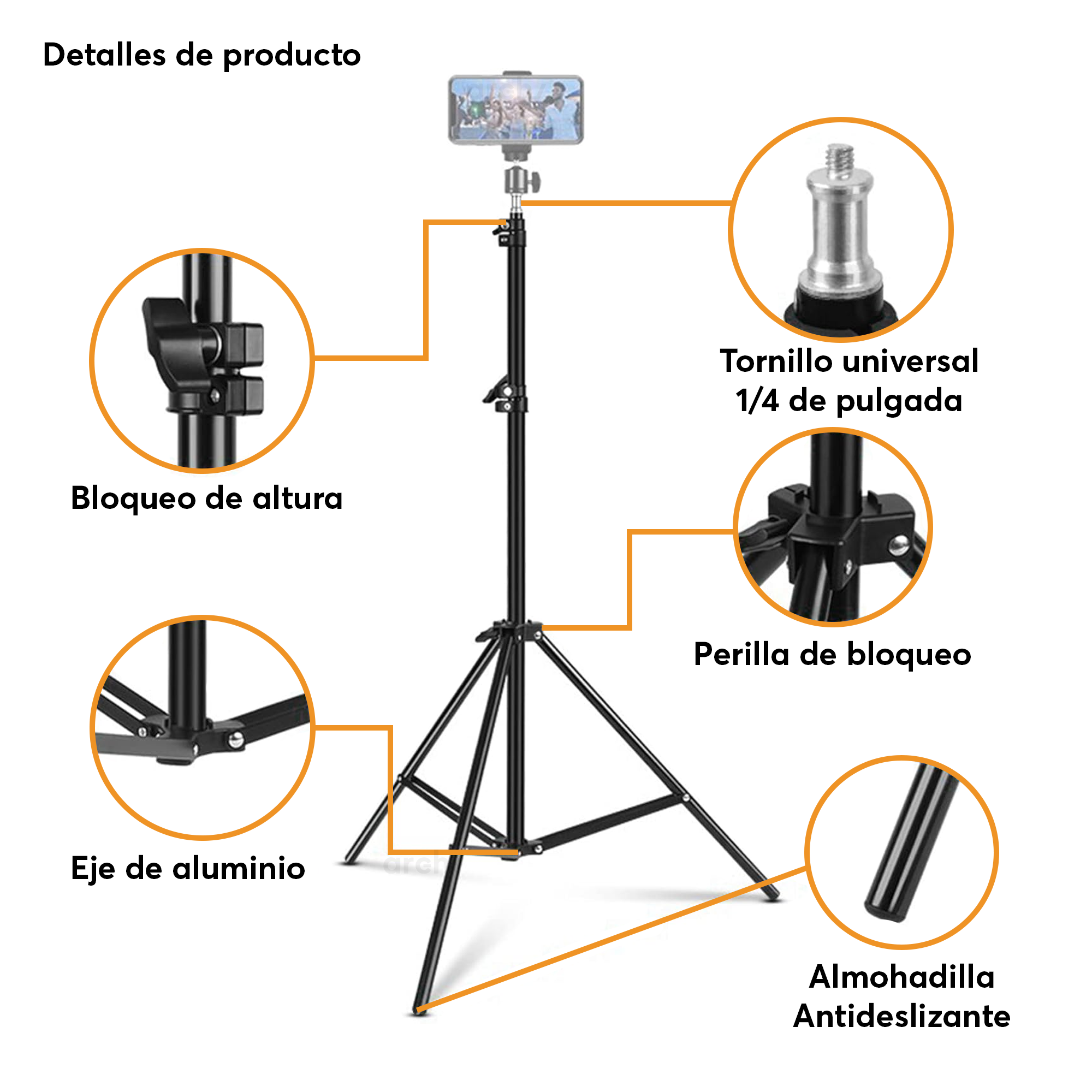 Tripie 2 metros Archy Universal Aluminio Tornillo 1/4" para Multiples Dispositivos Compatible con Camara Celular Aro de luz Go pro .