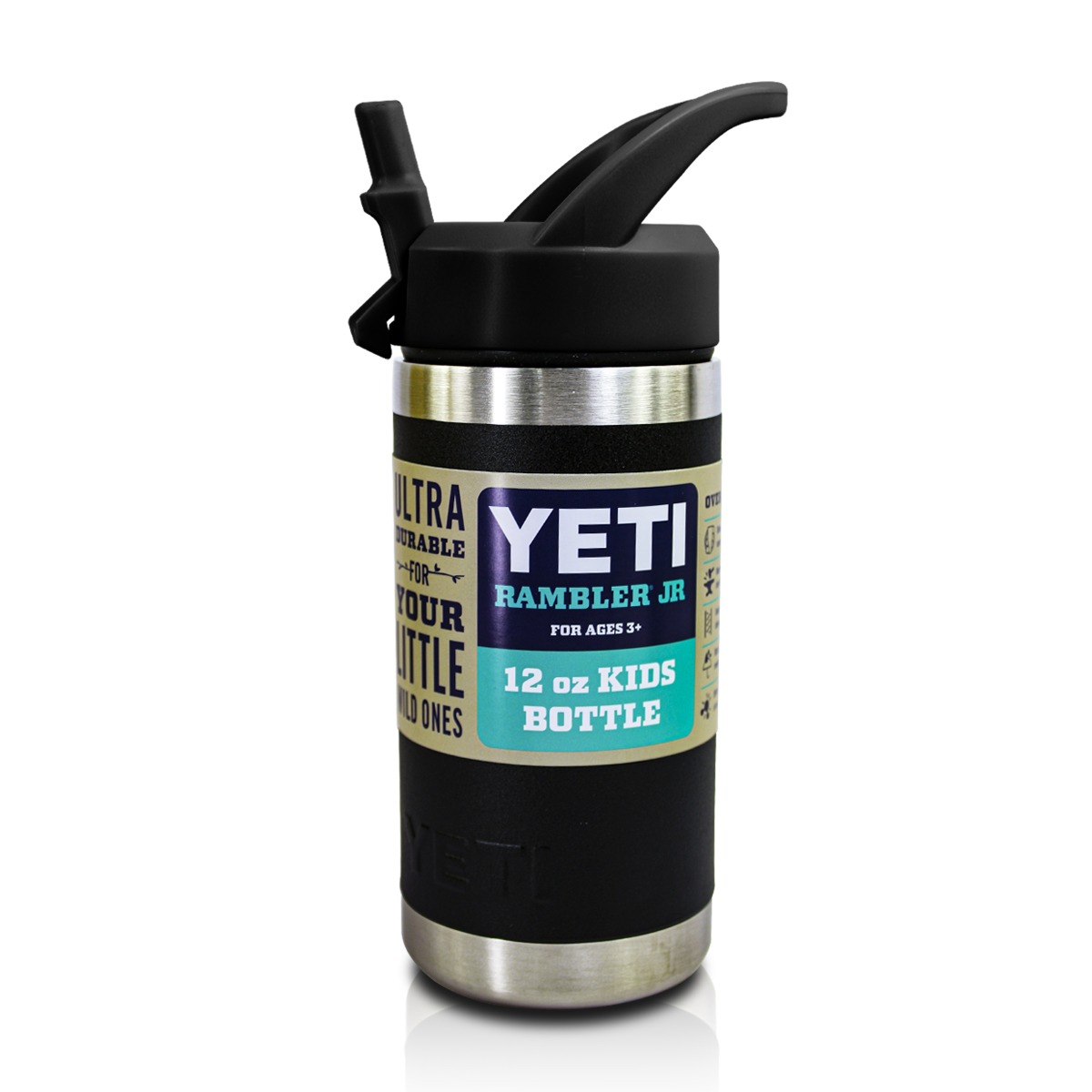 Yeti Termo Kids12 Oz Vaso Negro De Acero Inoxidable Antiderrames Con Popote En La Tapa