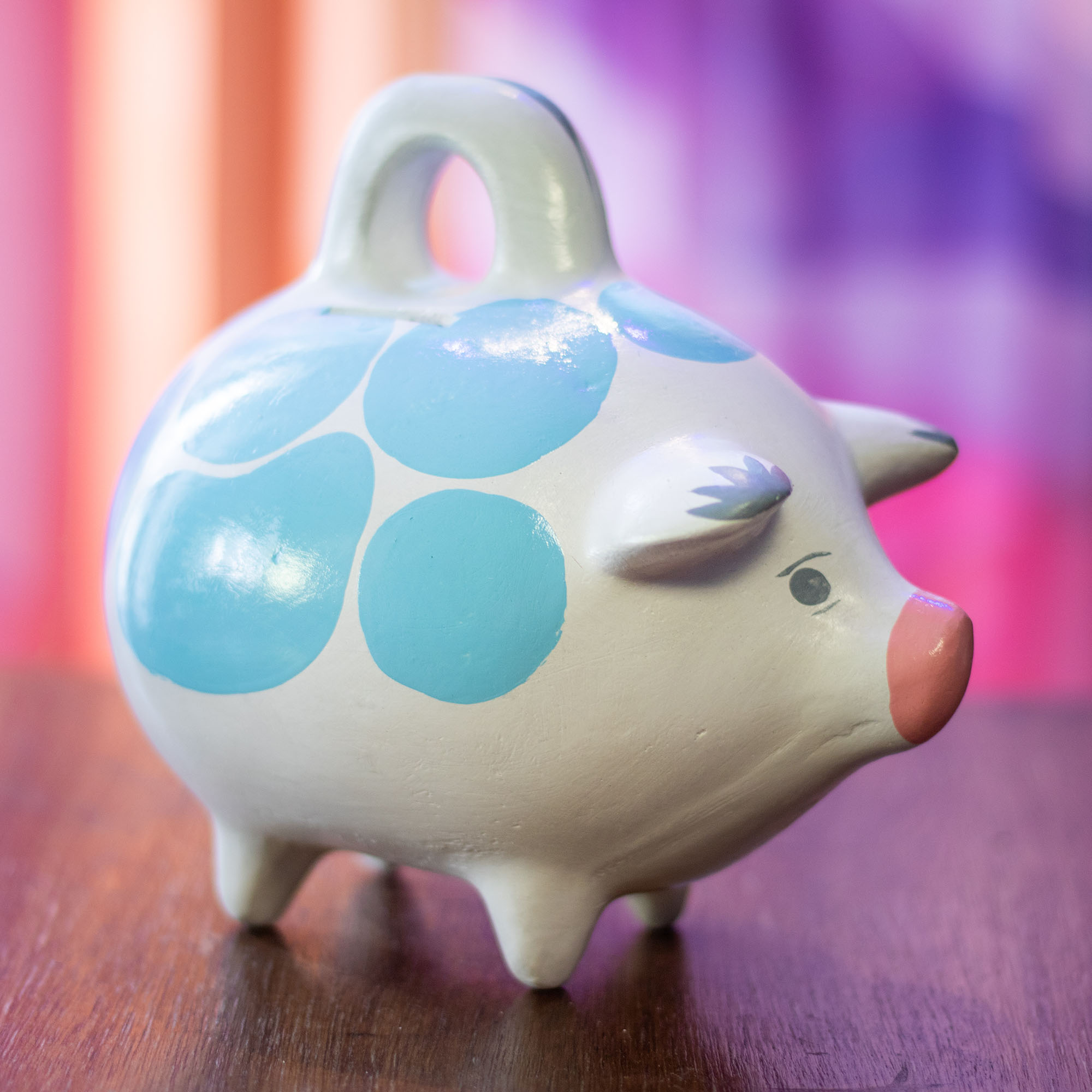 Alcancía Azul de Ahorro, Puerquito de Cerámica, Piggy Bank, Alcancía Mexicana de Cerámica