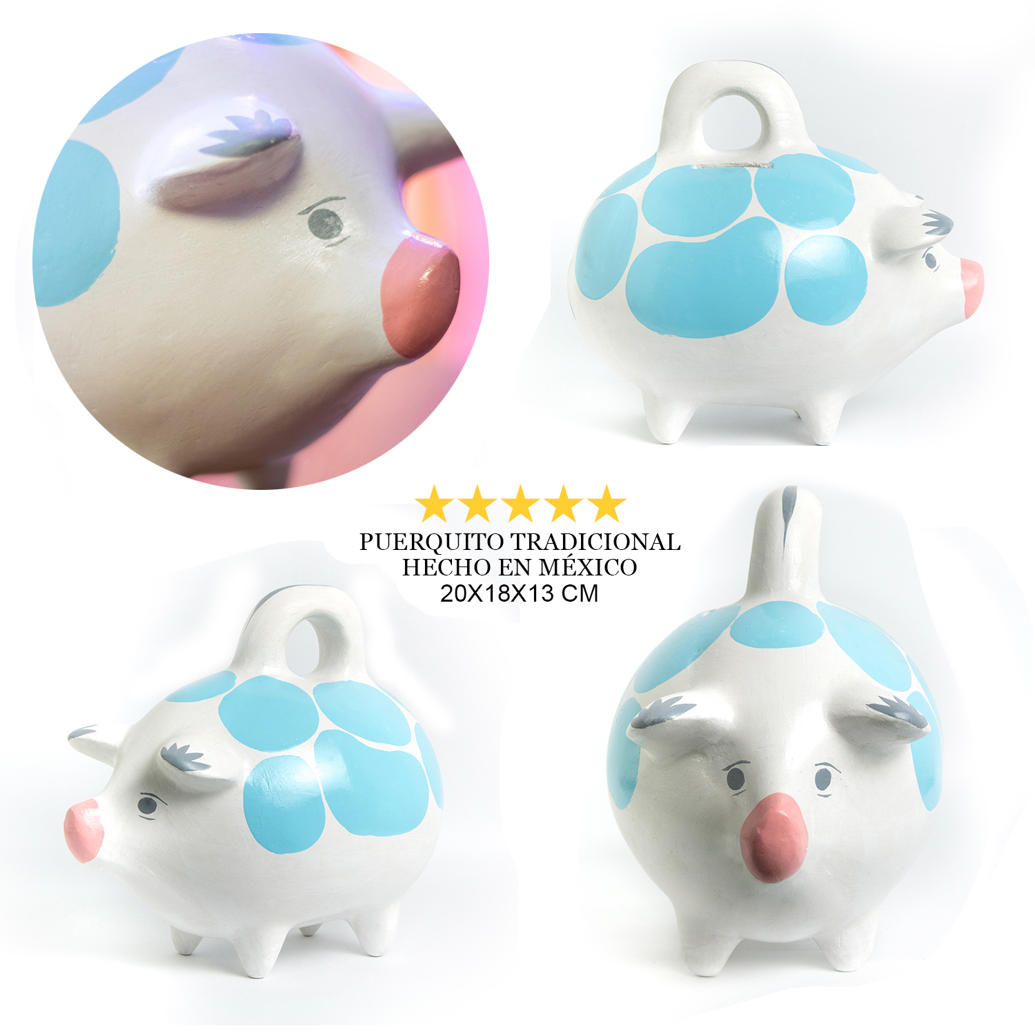Alcancía Azul de Ahorro, Puerquito de Cerámica, Piggy Bank, Alcancía Mexicana de Cerámica