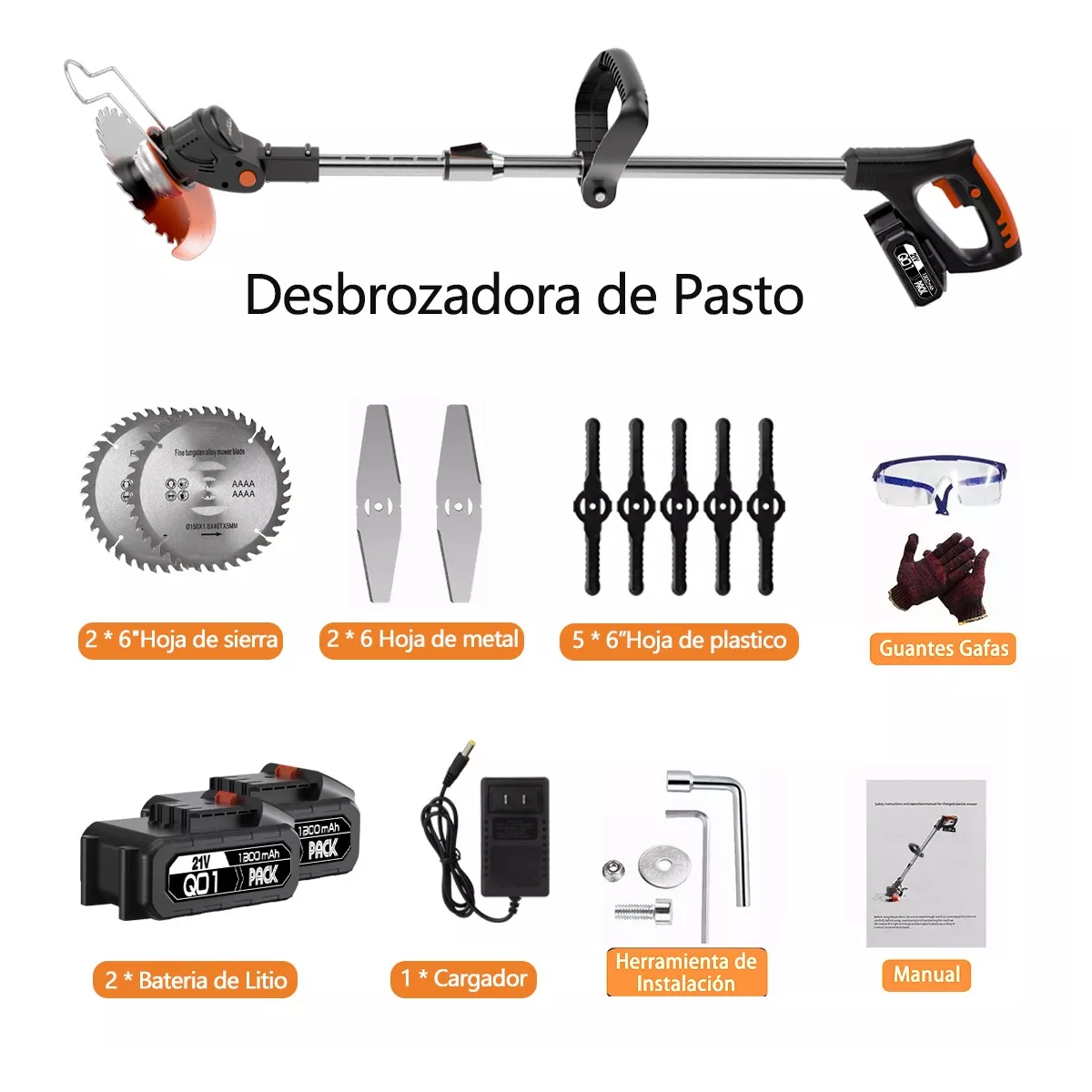 Desbrozadora Inalámbrica Electrica Podadora Cortadora Pasto Negro/Naranja .