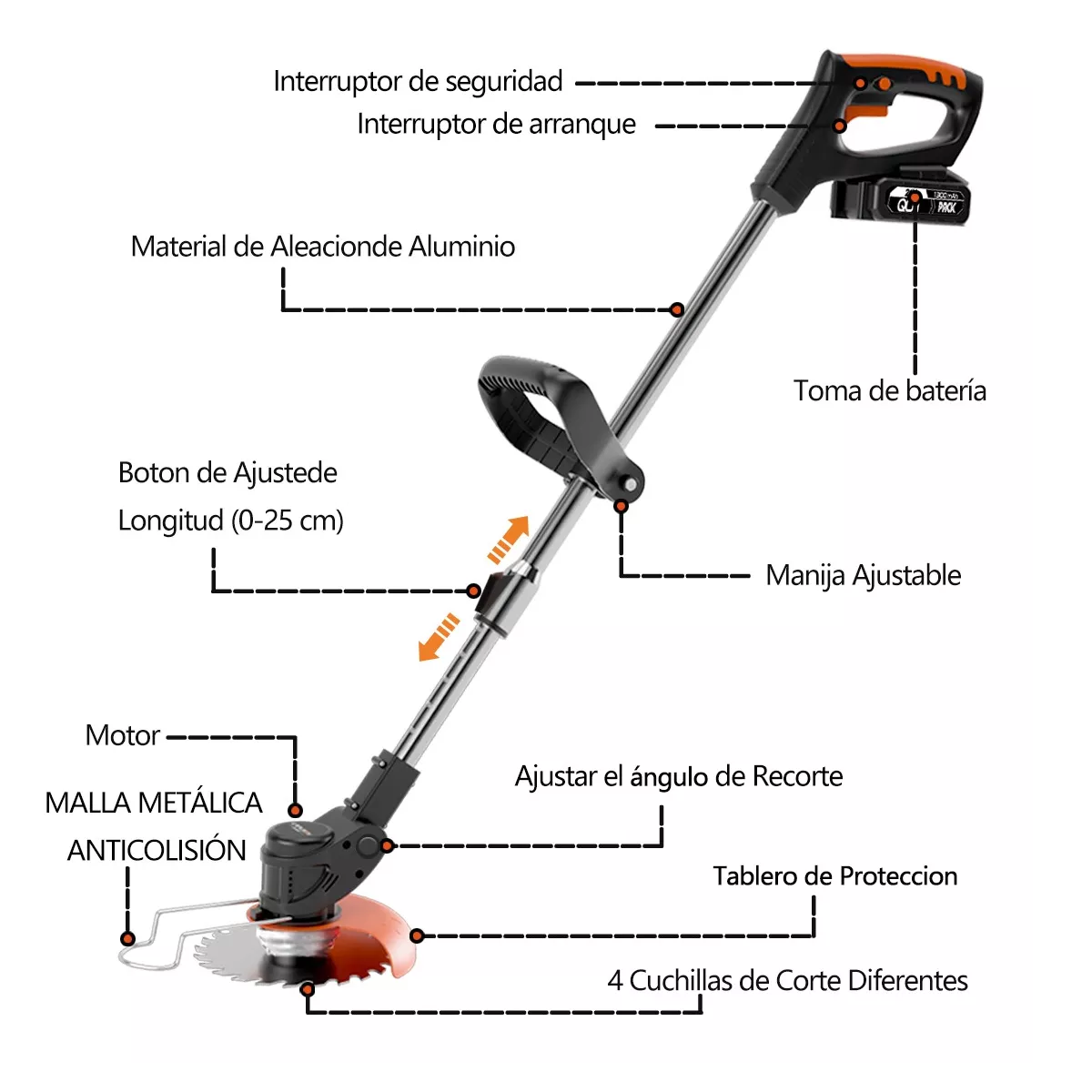 Desbrozadora Inalámbrica Electrica Podadora Cortadora Pasto Negro/Naranja .