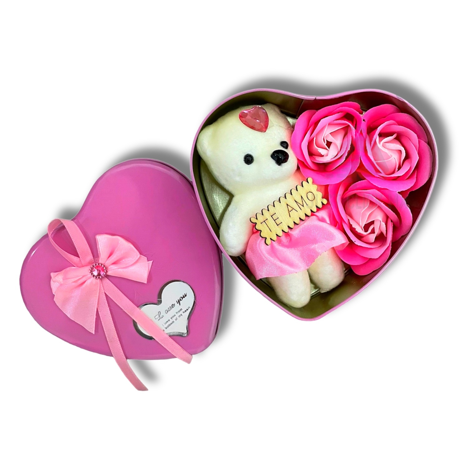 Caja Corazón Con Osito de Peluche y Flores Rosa