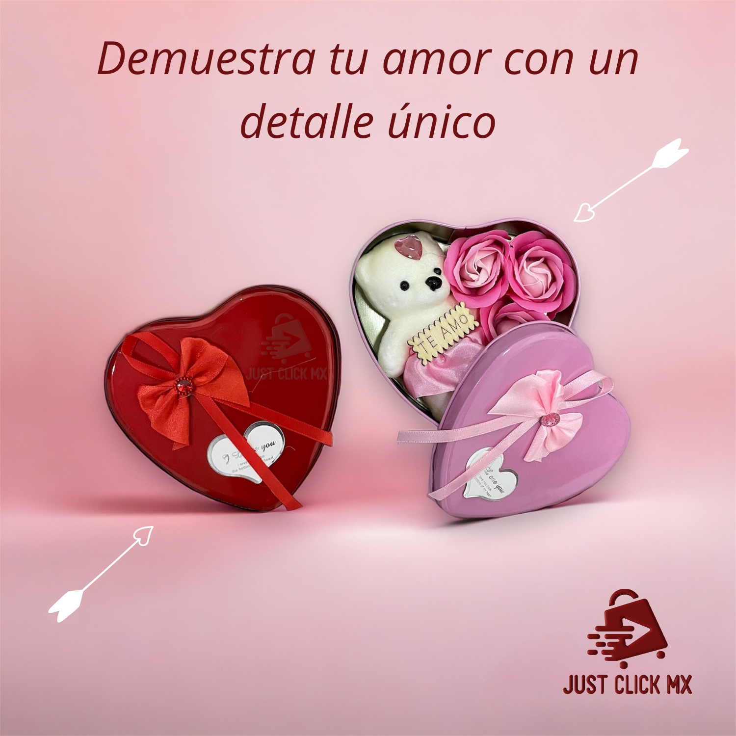 Caja Corazón Con Osito de Peluche y Flores Rosa